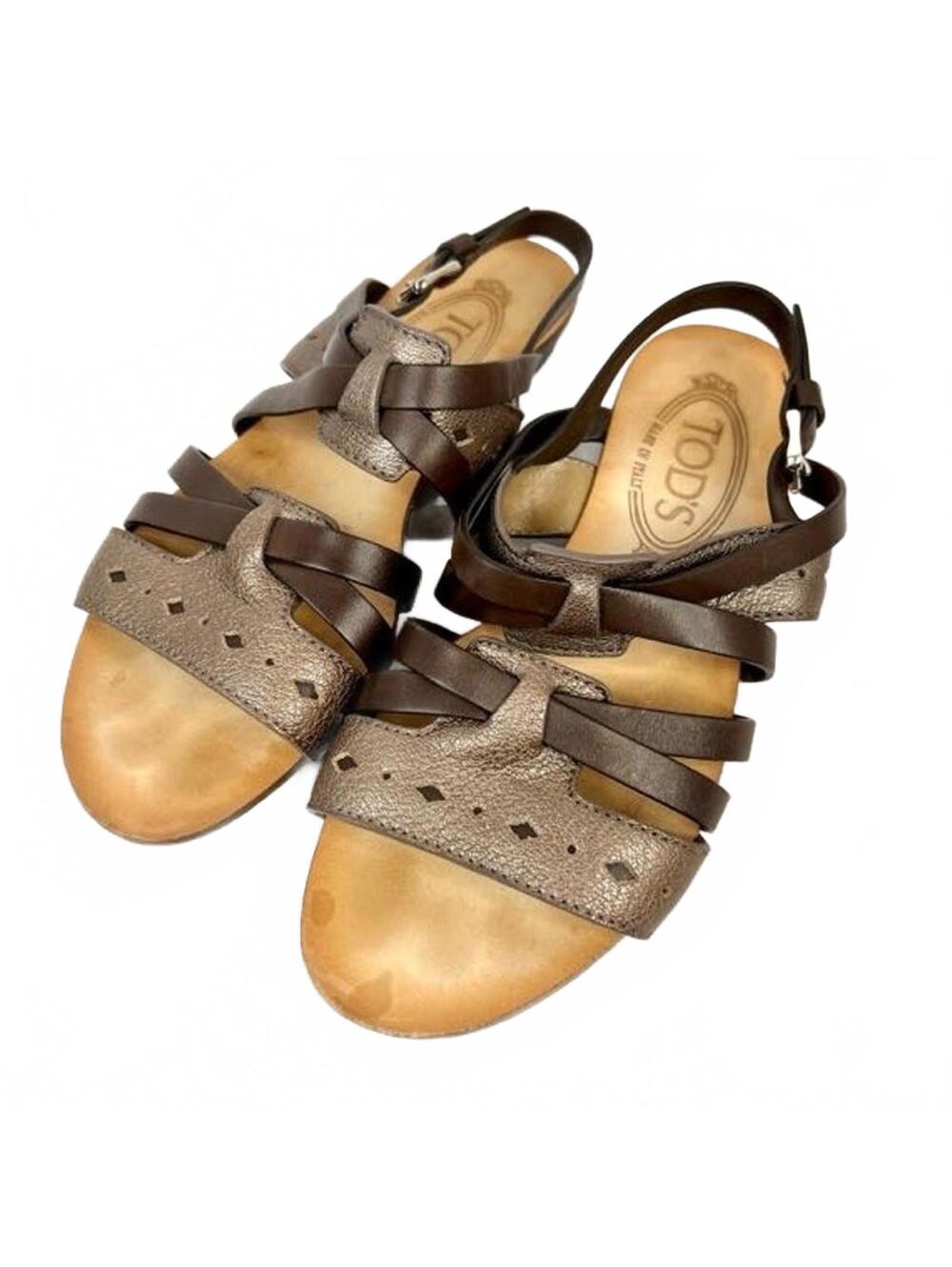 Tod's Brown and Gold Leather Flat Sandals Size 5 (EU 35.5) with Dust Bag